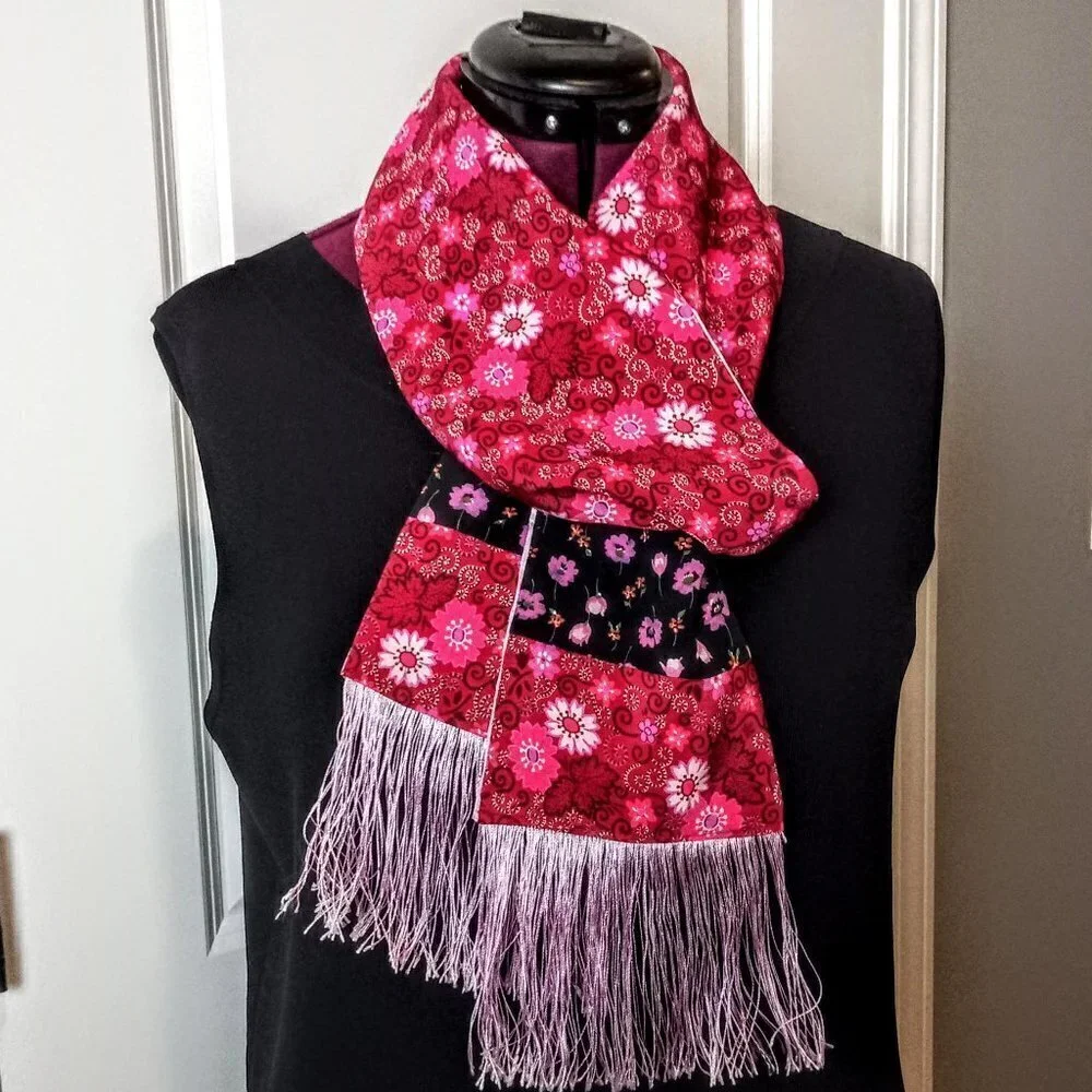 Red Pink Black Floral Fringed Oblong Scarf